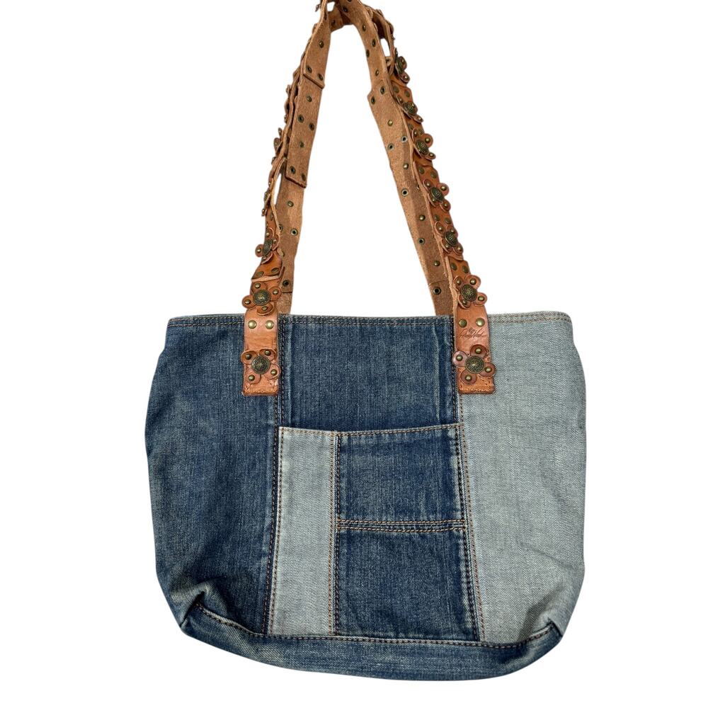 Patricia Nash Denim Patchwork Tote Shoulder Bag Maggiore Leather Blue